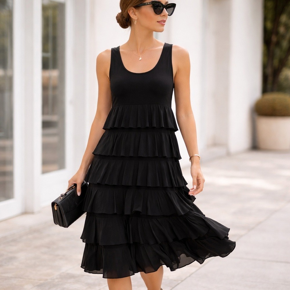 ISLE by Melis Kozan Black Ruffle Tiered Dress Sleeveless Minimalist Chic XS